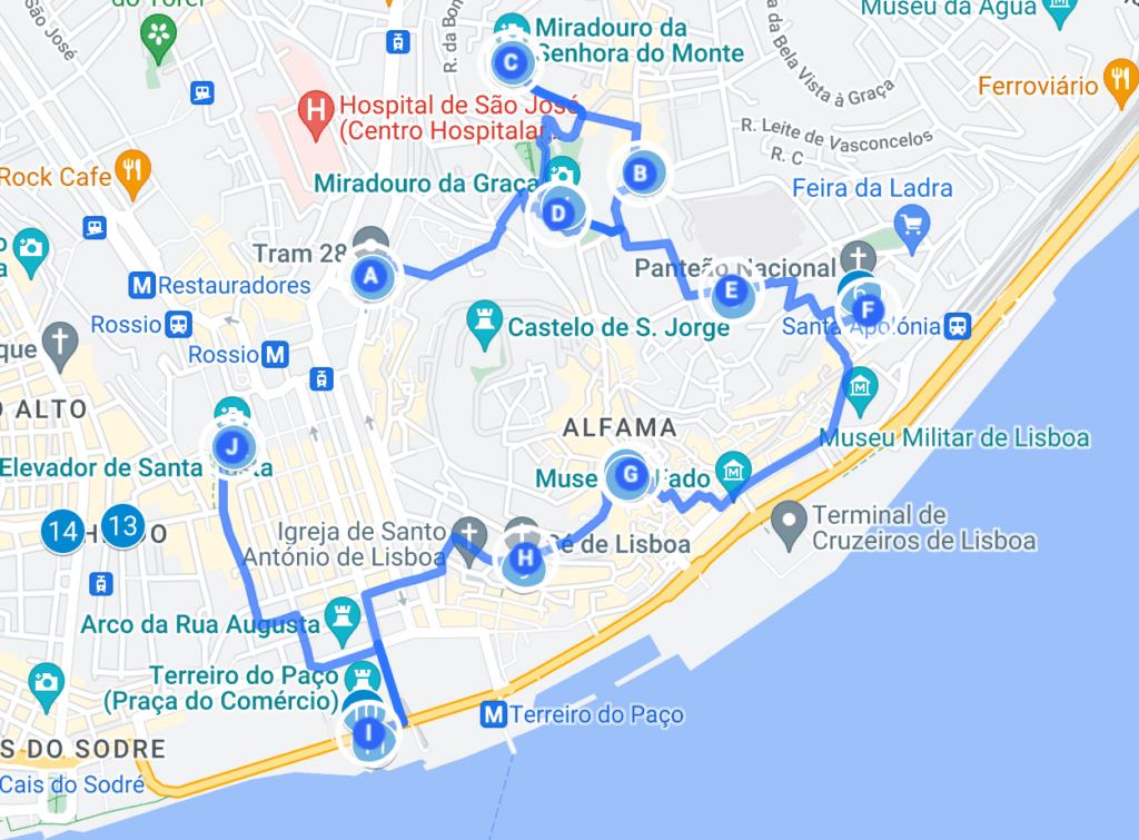 Lisbonne en 3 jours, itinéraire du jour 1 , visite quartier de Graça, quartier d'alfama, quartier du baixa-chiado